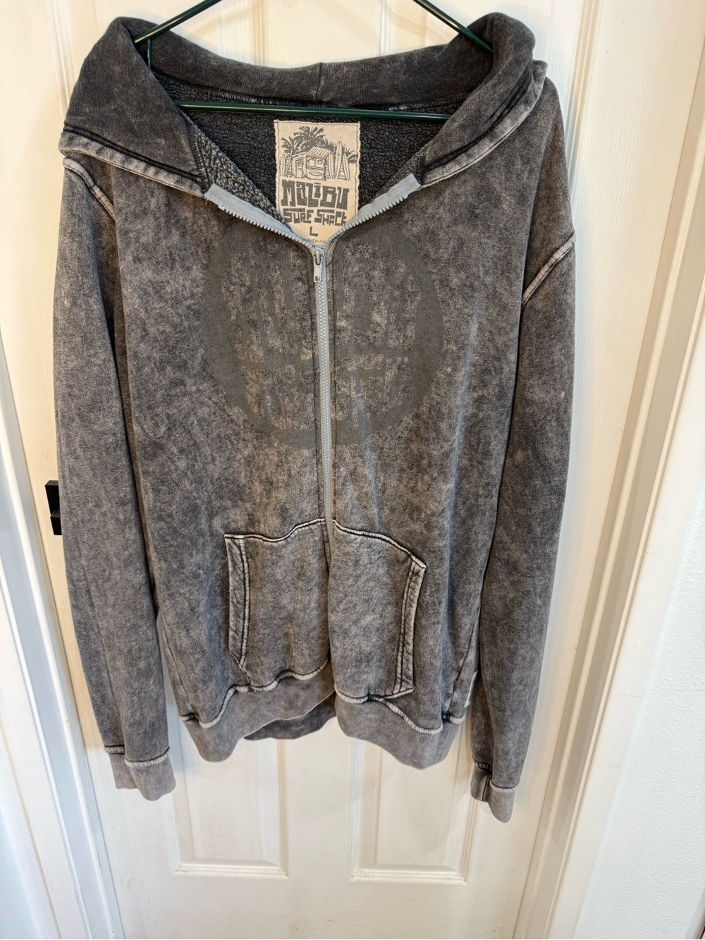 Malibu Surf Shack Gray Acid Wash Zip Up Hoodie Size L
